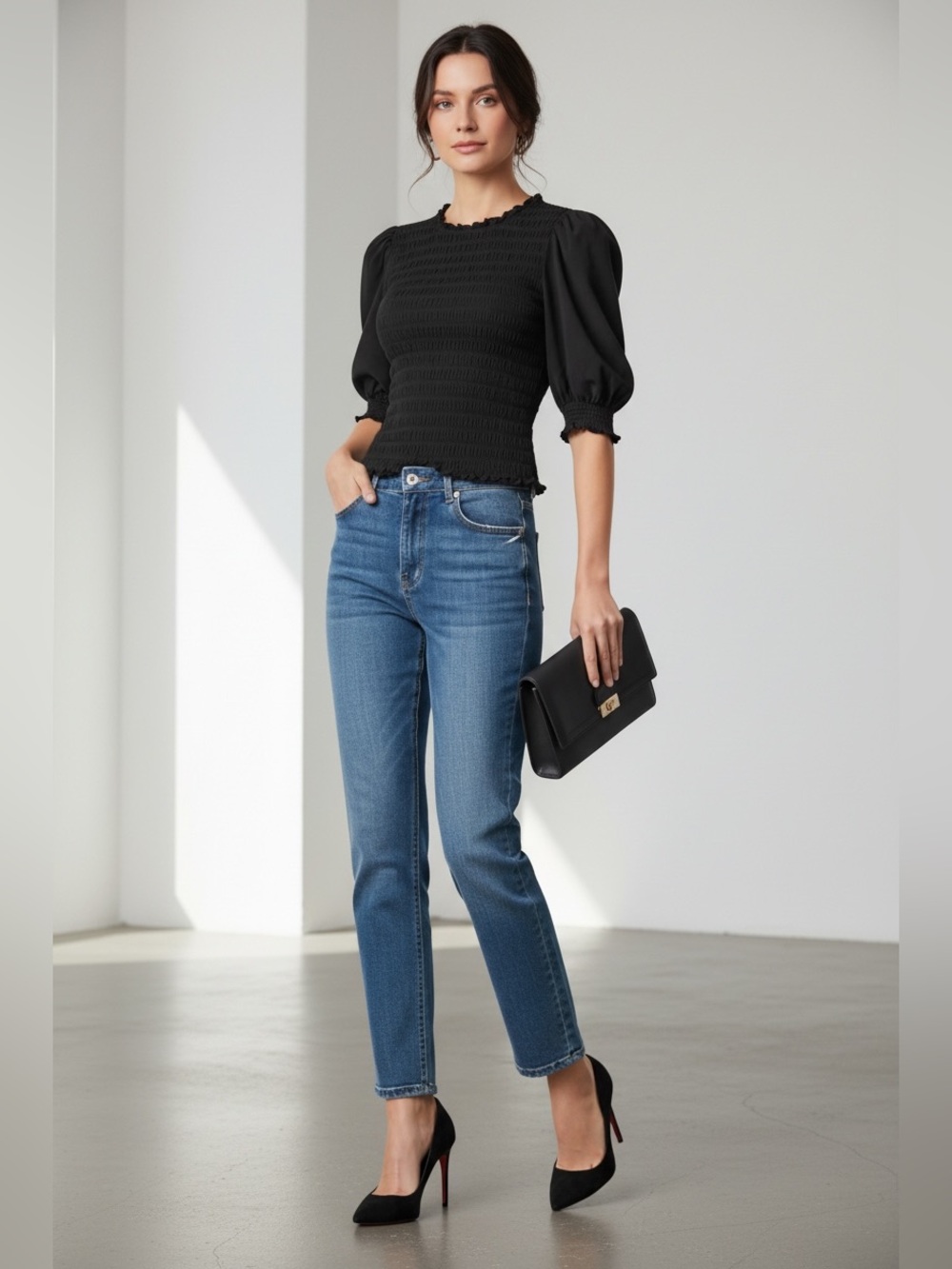 Veronica Beard Jeans Black Smocked Puff Sleeve Blouse Ruffle Trim Size M